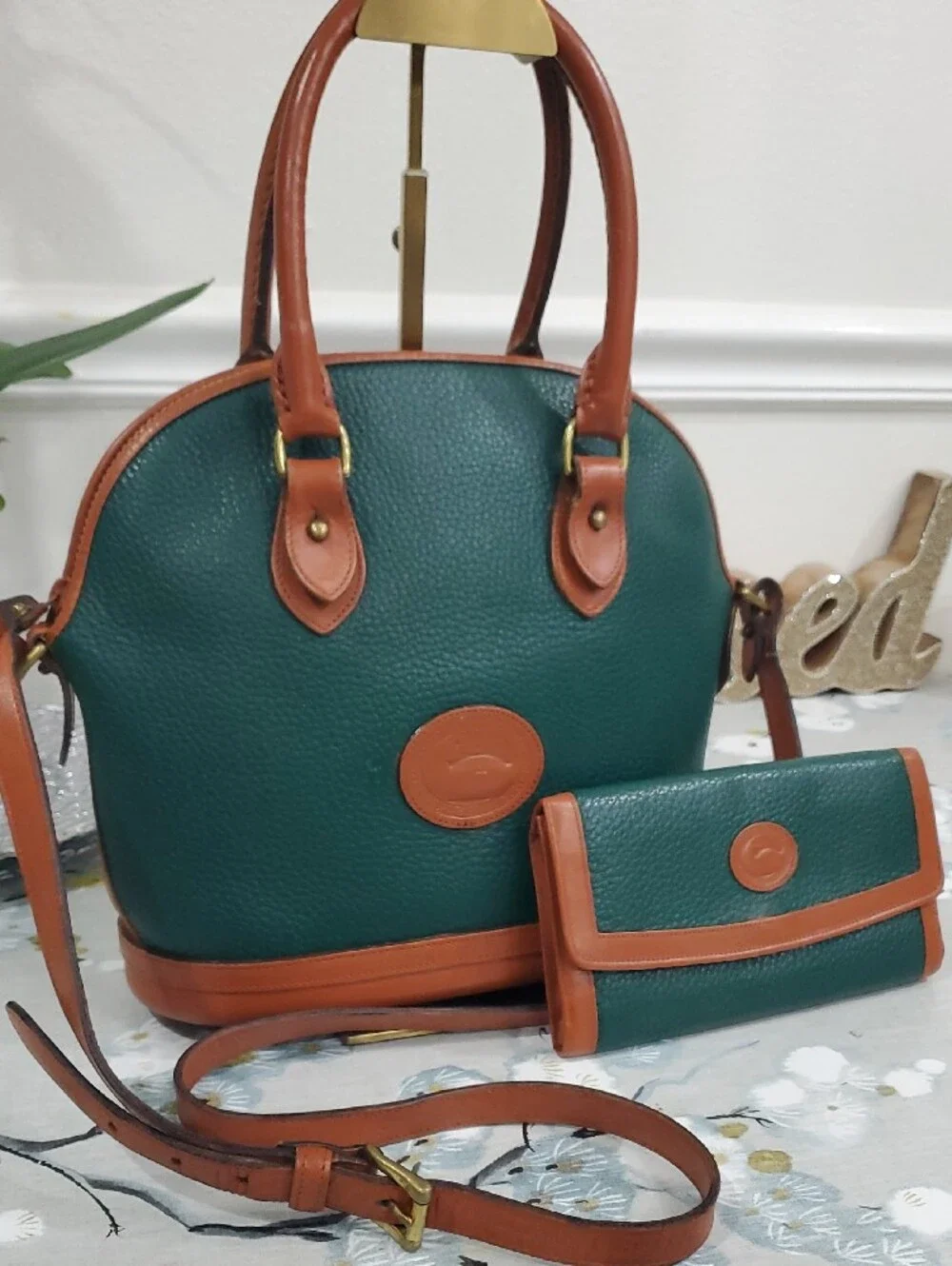 VINTAGE Dooney & Bourke Green and Tan Leather Satchel Bag with Matching Wallet